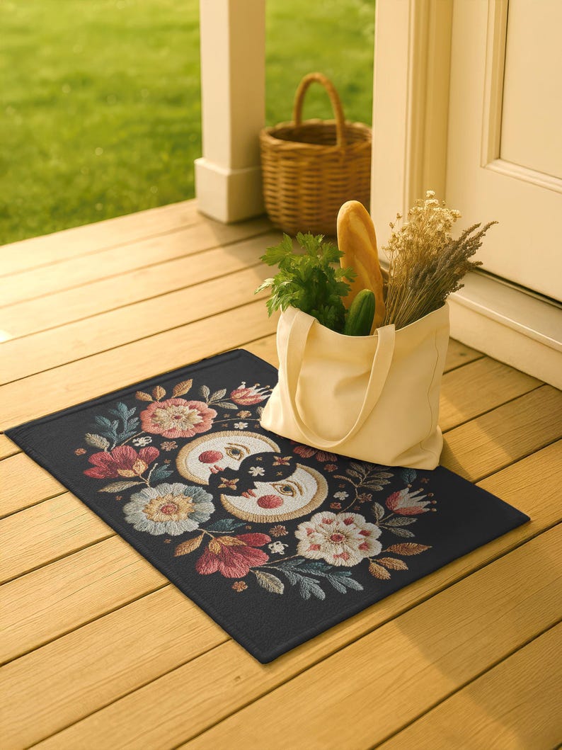 Witchy outdoor doormat featuring a central all-seeing eye, crescent moons, and floral details in an embroidery-style design. This weatherproof welcome mat measures 26x18 inches and is ideal for porches or patio entries. Symbolic celestial motifs offer intuitive protection and spiritual elegance for magical home decor.
