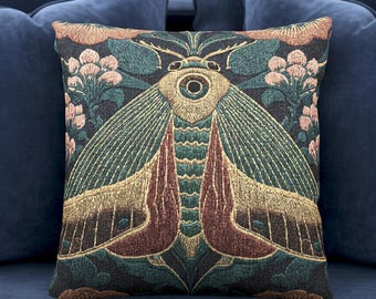 Oleander Hawk Moth Woven Tapestry Pillow, Arts and Crafts Style Cushion, Dark Academia Decor