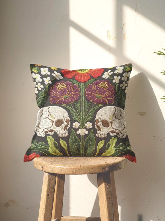 Dark Academia Botanical Skull Pillow Cover, Gothic Cottagecore Floral Cushion for Witchy Decor