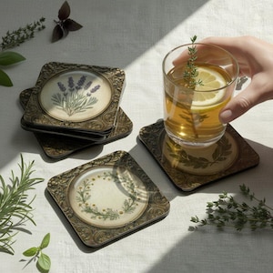 Dark Academia Botanical Coaster Set, Faux Pressed Flower Kitchen Decor, Witchy Apothecary Home Accent, Whimsigoth Cottagecore Mug Mat