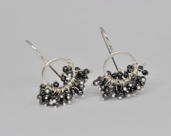 circle cluster earrings, silver earrings, hematite