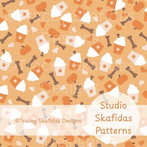 Pumpkin Spice Pup Cup Dog Bones Pattern on Orange, Fall Autumn Seamless Repeat Pattern File (JPEG Download)