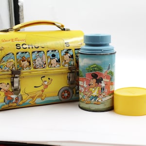 Vintage 1960s Rare Walt Disney School Bus Lunchbox with Thermos - Rare Find - Great Condition