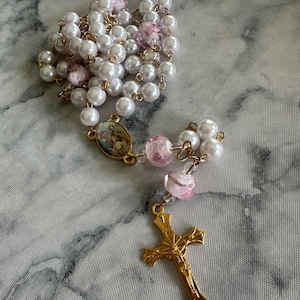 Holy Family Rosary | Pearl Rosary with Pink Floral Glass Our Fathers | Handmade Full 5-Decade Rosary | Catholic Gift