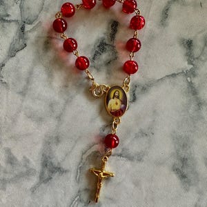 Sacred Heart Car Rosary: Red Glass Beads, Gold Crucifix - Catholic Gift