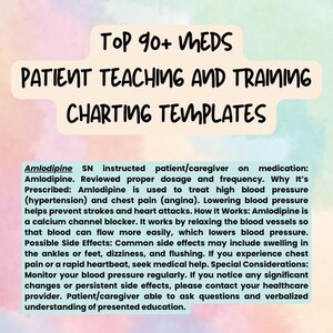 Puede incluir: Un fondo degradado rosa y azul con un cuadro blanco que contiene el texto "TOP 90+ MEDS PATIENT TEACHING AND TRAINING CHARTING TEMPLATES". Debajo del cuadro hay un cuadro de texto blanco con información sobre el medicamento Amlodipine.