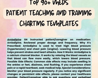 Op de afbeelding: Een roze en blauwe gradiëntachtergrond met een witte doos met de tekst "TOP 90+ MEDS PATIENT TEACHING AND TRAINING CHARTING TEMPLATES". Onder de doos bevindt zich een witte tekstdoos met informatie over het medicijn Amlodipine.