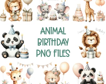 Pode incluir: Uma coleção de ilustrações em aquarela com animais adoráveis celebrando aniversários. Inclui um leão, elefantes, panda, girafa e urso, cada um com chapéus de festa, balões e bolos. O texto diz "ANIMAL BIRTHDAY PNG FILES."
