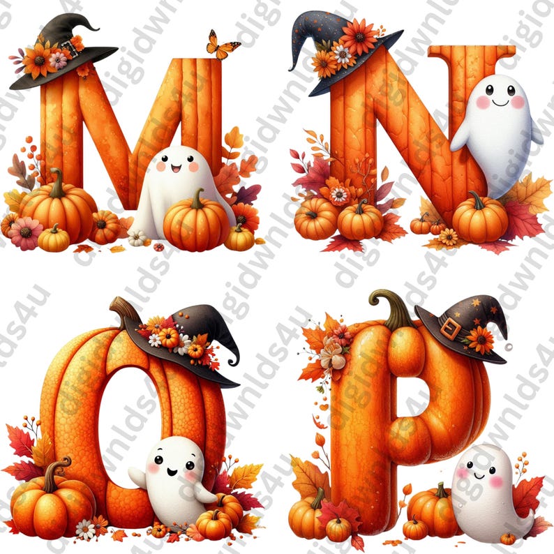 Featured here are four of the 26 letters carved from pumpkins with fall leaves and foliage, pumpkins, a witch's hats, and cute ghosts adorning the letters. The letters shown are: M, N, O, P