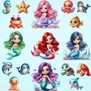 60 zeemeerminnen en vrienden clipart png sublimatie bundel digitale download - kleine zeemeerminnen en zee leven graphics - oceaan - commercieel gebruik