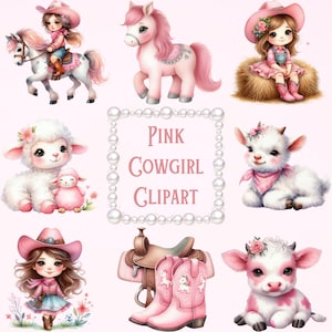 Pacote de sublimação de clipart de cowgirl rosa 30 PNG/SVG para download digital - Arte de berçário ocidental - Decoração de quarto de bebê e criança - Uso comercial