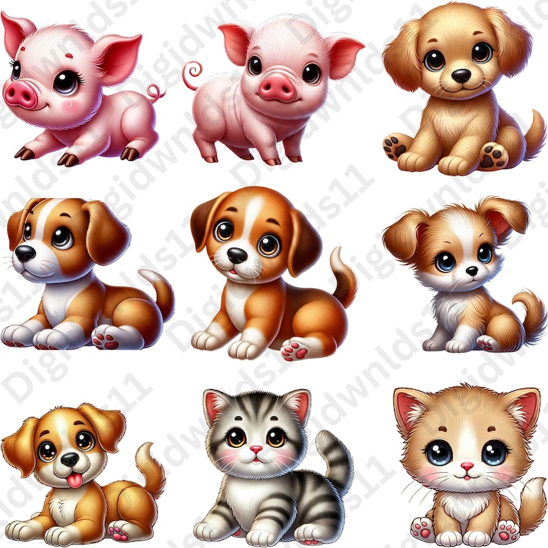 This is 9 of the 70 baby farm animals included in this PNG sublimation bundle digital download including 2 piglets, 5 puppies, and 2 kittens.