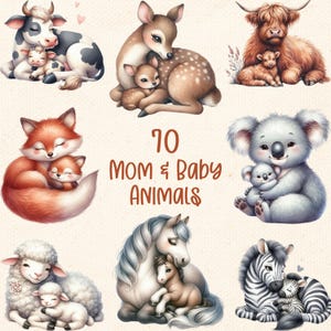 70 Mom and Baby Animal Clipart PNG Sublimation Download - Nursery Art - Baby Room Decor - Mother's Day Gift Design - Mother and Child Cuddle