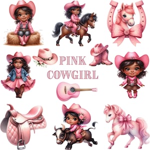 Watercolor Pink Cowgirl Clipart PNG Bundle: Black Girl Graphics (Digital Download, Commercial Use)
