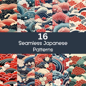 May include: A set of 16 seamless Japanese patterns featuring traditional designs in blue, red, and white. The patterns include waves, flowers, and geometric shapes.