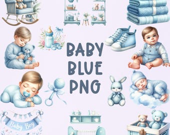 Baby Blue Clipart PNG Bundle: Watercolor Baby Boy Images (Digital Download, Commercial Use)