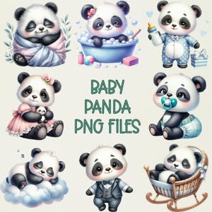 Lot de cliparts aquarelle bébé panda : images d&#39;art pour chambre d&#39;enfant au format PNG (téléchargement numérique)