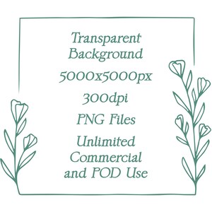This displays the features included with each downloaded image which are a transparent background, 5000x5000px, 300 dpi, PNG Files, and have unlimited commercial and POD (print on demand) use.
