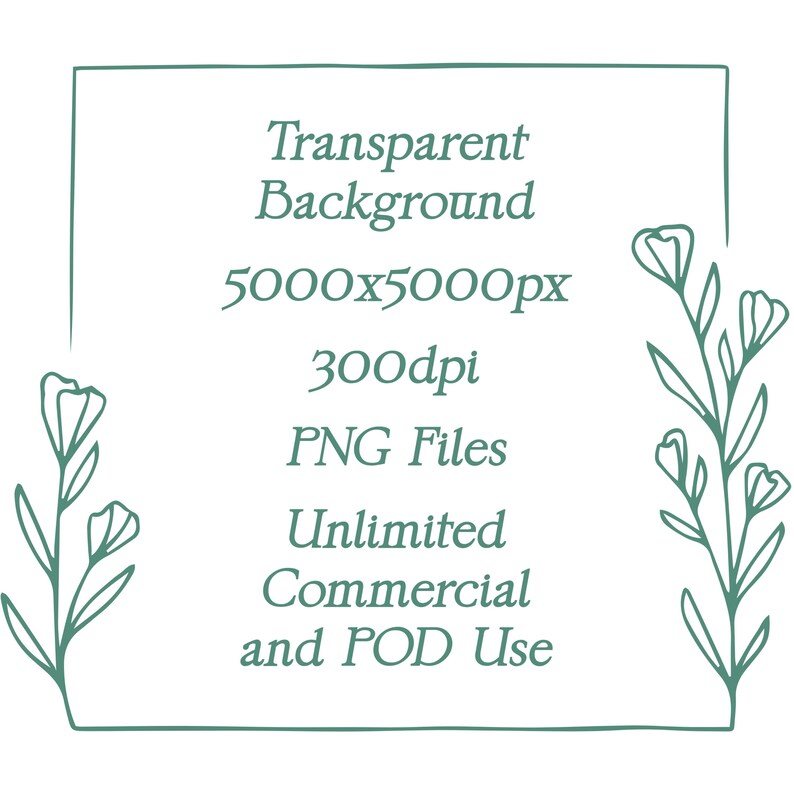 This displays the features included with each downloaded image which are a transparent background, 5000x5000px, 300 dpi, PNG Files, and have unlimited commercial and POD (print on demand) use.