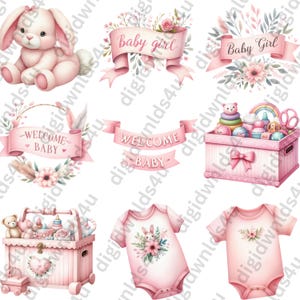 Featured here are nine of the 72 Pretty in Pink images included in this bundle which is one stuffed bunny, two "Baby Boy" and two "Welcome Baby" banners, two toy boxes, and two baby bodysuits.