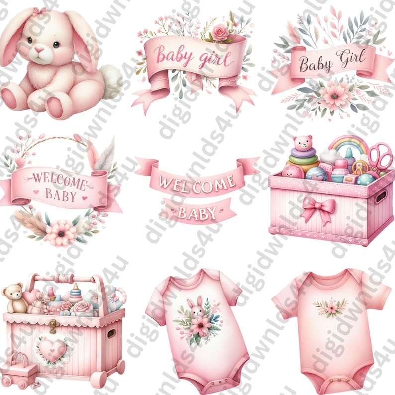 Featured here are nine of the 72 Pretty in Pink images included in this bundle which is one stuffed bunny, two "Baby Boy" and two "Welcome Baby" banners, two toy boxes, and two baby bodysuits.