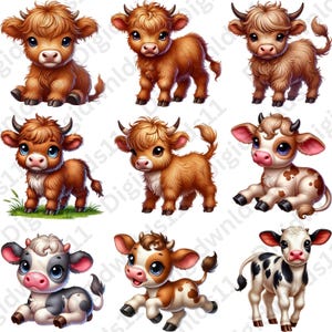 This is 9 of the 70 baby farm animals included in this PNG sublimation bundle digital download including 5 highland cows and 4 cows