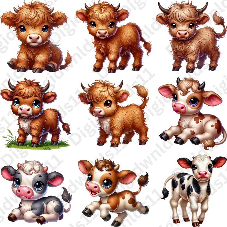 This is 9 of the 70 baby farm animals included in this PNG sublimation bundle digital download including 5 highland cows and 4 cows