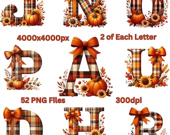 Plaid Alphabet PNG Clipart Bundle: Autumn Fall Thanksgiving Letters (Commercial Use) (Digital Download