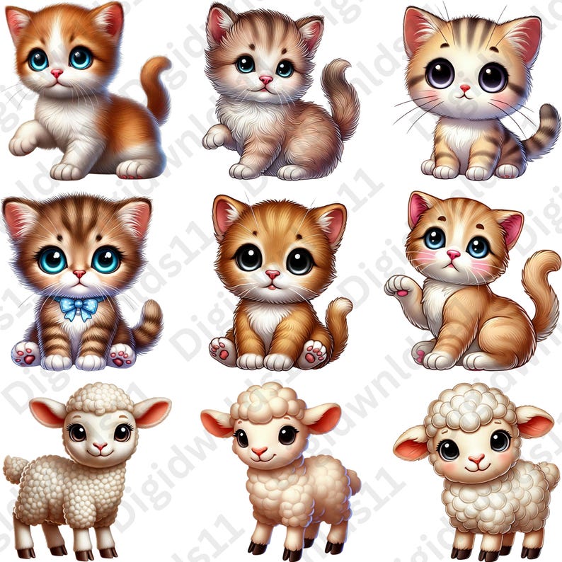 This is 9 of the 70 baby farm animals included in this PNG sublimation bundle digital download including 6 kittens, and 3 lambs.
