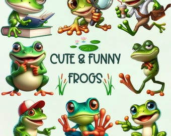 May include: A collection of nine cartoon frogs in various poses, including reading a book, holding a magnifying glass, carrying a briefcase, and standing with their arms crossed. The frogs are all green and have large, expressive eyes. The text "Cute & Funny Frogs" is written in green letters below the frogs.