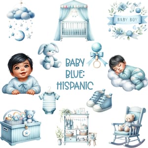 May include: A collection of baby-themed illustrations in shades of blue. The image includes a crib, a baby boy, a rocking chair, a teddy bear, a rattle, a baby boy, a baby outfit, and the text "BABY BLUE: HISPANIC".