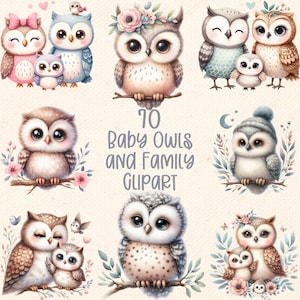 Pacchetto di download di clipart di gufi e famiglia in formato PNG e SVG per sublimazione - Arte per la cameretta dei bambini - Decorazioni per la cameretta dei bambini - Magliette - Tazze