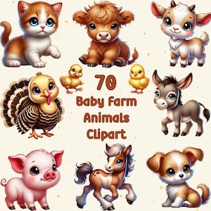 May include: A set of 70 baby farm animal clipart images. The images include a brown and white kitten, a brown and white highland cow, a white goat with brown ears, a brown and white donkey, a brown and white pig, a brown and white horse, a brown and white dog, a brown and white turkey, and two yellow chicks.