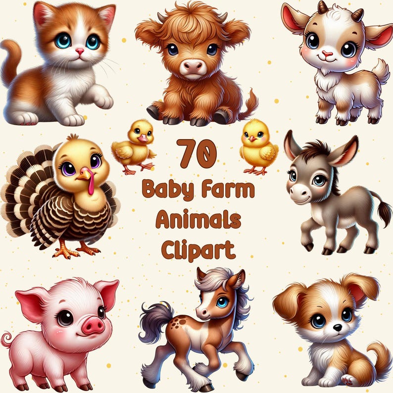 This image depicts the title of this PNG sublimation bundle download which is, "70 Baby Farm Animals Clipart", and is surrounded by baby farm animal images including a kitten, highland cow, goat, turkey, donkey, pig, pony, dog, chick, and duck.