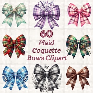 60 Plaid Coquette Bows Clipart: PNG Digital Download