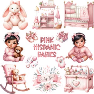 This image depicts the title of this PNG clipart and sublimation bundle which is, "Pretty In Pink:Hispanic", and is surrounded by pink baby elements and adorable babies wearing pink clothing including a toybox, fancy crib, "Baby Girl" sign, tennis shoes, stuffed bunny, rattle, baby bottle, bundle of baby blankets, baby bodysuit, nursery shelf system, and a rocking chair with a stuffed bear sitting in it.