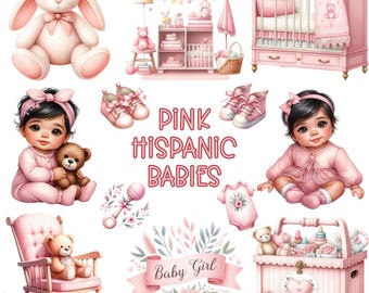 Pink Hispanic Baby PNG Clipart Bundle: Watercolor Sublimation Images (Commercial Use) (Digital Download)