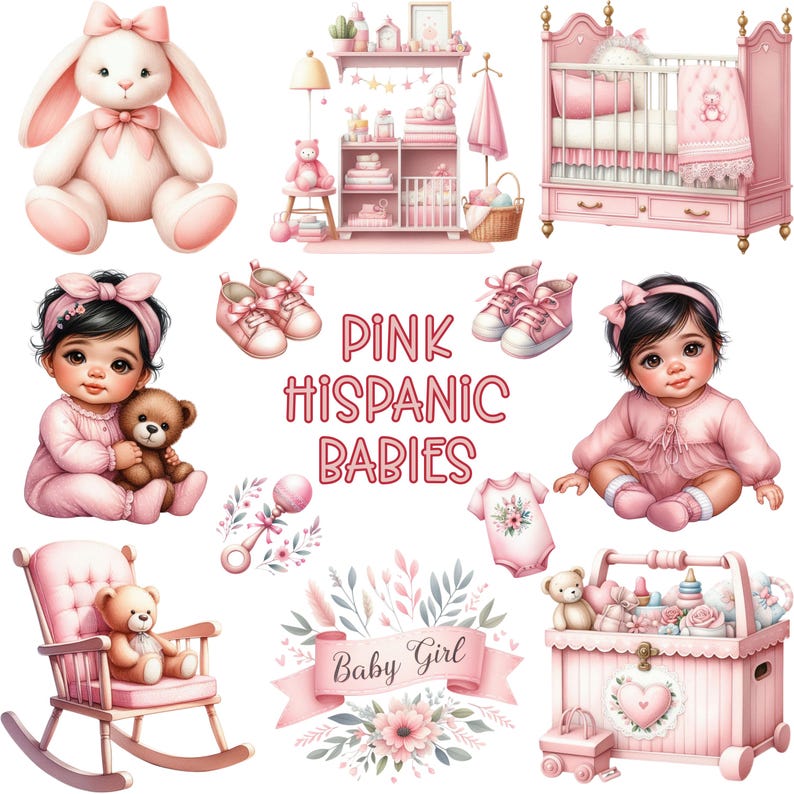 This image depicts the title of this PNG clipart and sublimation bundle which is, "Pretty In Pink:Hispanic", and is surrounded by pink baby elements and adorable babies wearing pink clothing including a toybox, fancy crib, "Baby Girl" sign, tennis shoes, stuffed bunny, rattle, baby bottle, bundle of baby blankets, baby bodysuit, nursery shelf system, and a rocking chair with a stuffed bear sitting in it.