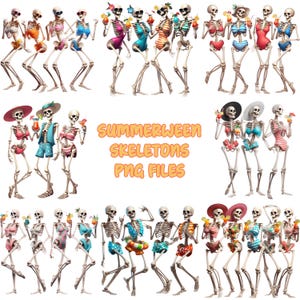 May include: A collection of skeleton figures in swimwear, holding cocktails, and wearing sunglasses and hats. The image includes the text "Summerween Skeletons PNG Files."