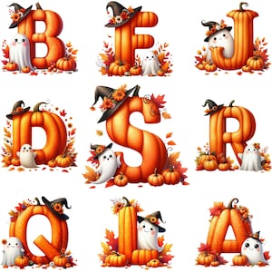 Depicted here are nine letters carved from pumpkins. There are pumpkins, flowers, and a witch's hat. A cute ghost if found with every letter as well.