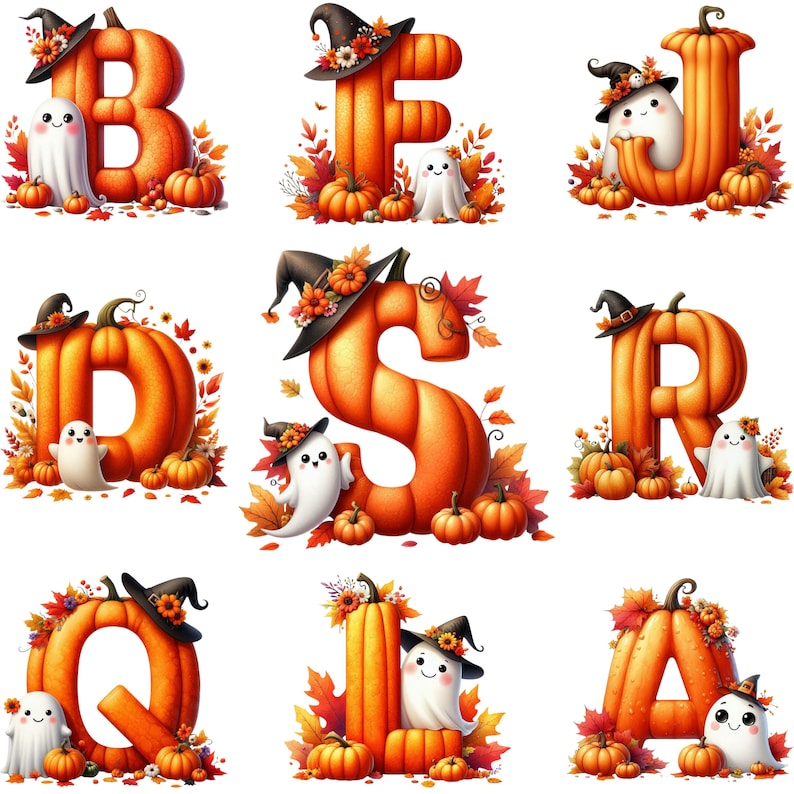 Depicted here are nine letters carved from pumpkins. There are pumpkins, flowers, and a witch's hat. A cute ghost if found with every letter as well.