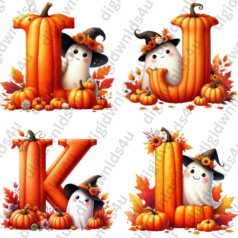Featured here are four of the 26 letters carved from pumpkins with fall leaves and foliage, pumpkins, a witch's hats, and cute ghosts adorning the letters. The letters shown are: I, J, K, L