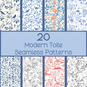 Conjunto de patrones sin costuras de Toile de Jouy moderno: 20 impresiones PNG (uso comercial y POD)