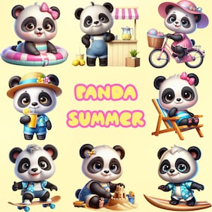 Paquete de 55 imágenes PNG y SVG de pandas de verano para sublimación, descarga digital - Imágenes de pandas - Motivo de verano - Gráficos de pandas adorables - Uso comercial