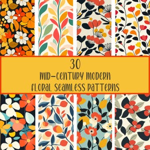 Paquete de estampados florales modernos de mediados de siglo: Diseños florales retro sin costuras (descarga digital)
