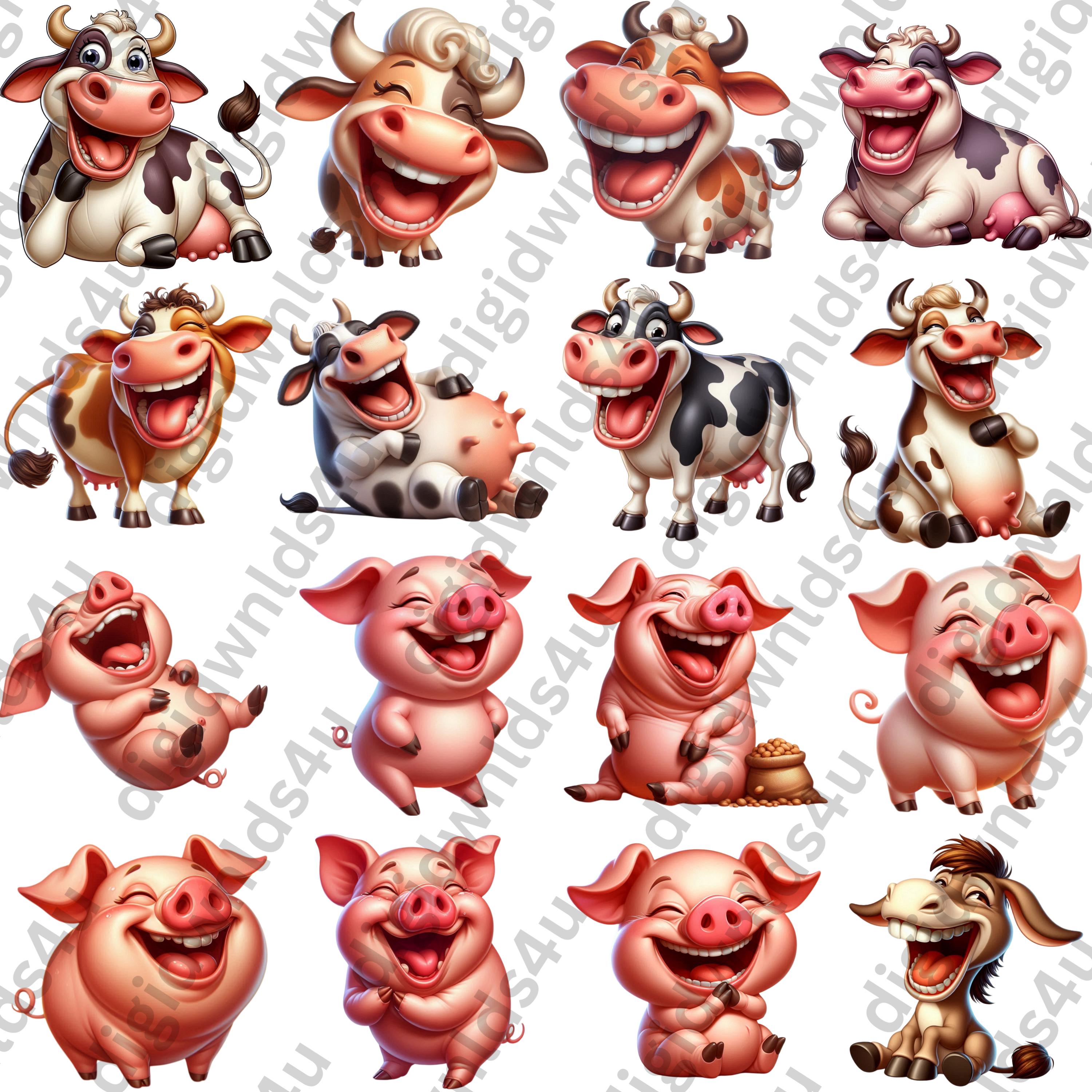Funny Farm Animals Clipart Bundle: PNG Files for Sublimation (digital ...