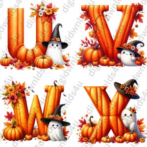 Featured here are four of the 26 letters carved from pumpkins with fall leaves and foliage, pumpkins, a witch's hats, and cute ghosts adorning the letters. The letters shown are: U, V, W, X