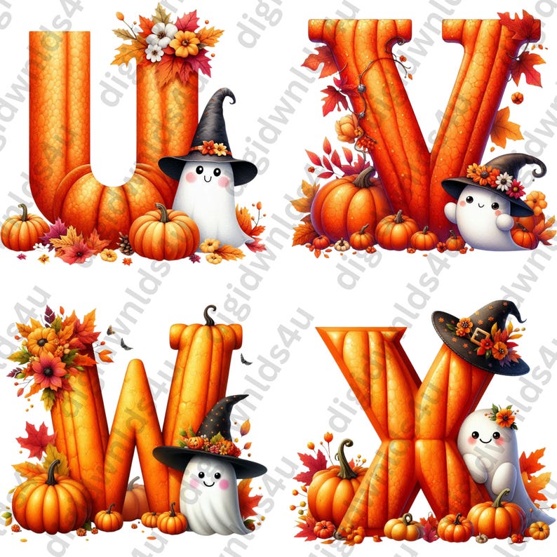 Featured here are four of the 26 letters carved from pumpkins with fall leaves and foliage, pumpkins, a witch's hats, and cute ghosts adorning the letters. The letters shown are: U, V, W, X