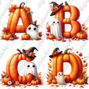 Featured here are four of the 26 letters carved from pumpkins with fall leaves and foliage, pumpkins, a witch's hats, and cute ghosts adorning the letters. The letters shown are A, B, C, D.