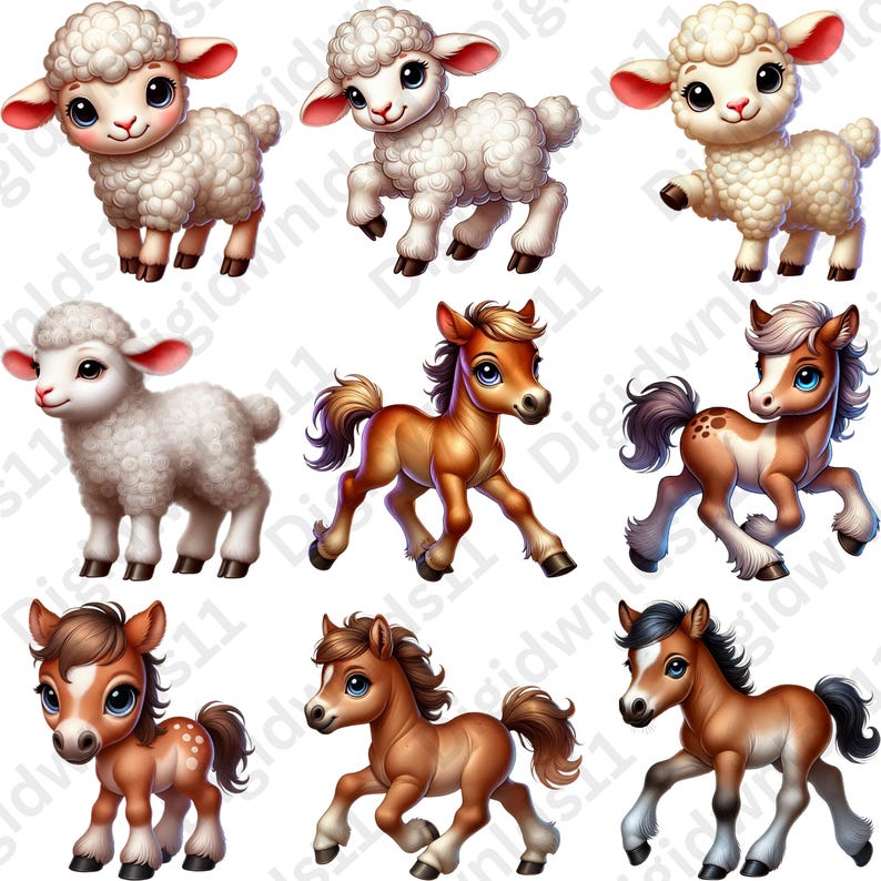 This is 9 of the 70 baby farm animals included in this PNG sublimation bundle digital download including 4 lambs and 5 ponies.